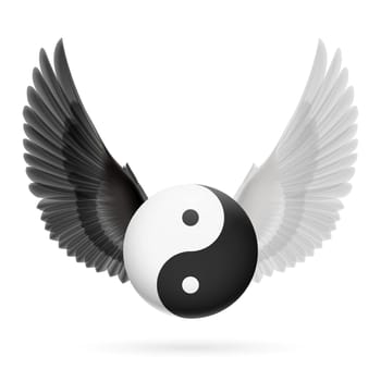Traditional Chinese Yin-Yang symbol with black and white wings