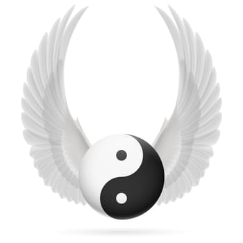 Traditional Chinese Yin-Yang symbol with raised up white wings