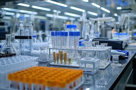 Glassware and test tubes are organized on a lab bench, reflecting a busy environment dedicated to experimentation.