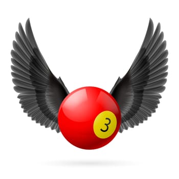 Black wings with  red billiard ball on  white background