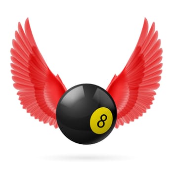 Red wings with black billiard ball on  white background