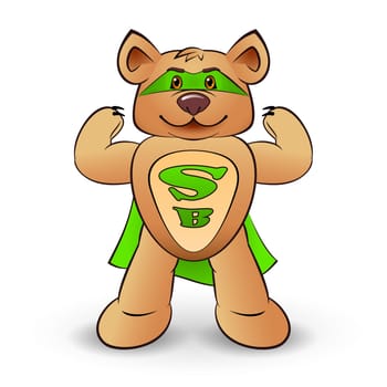 Super bear dressed in a green cloak with the letters S and B  standing on white background