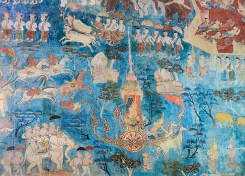 Ancient Thai mural painting of the Life of Buddha inside of Buddhist temple, Thailand