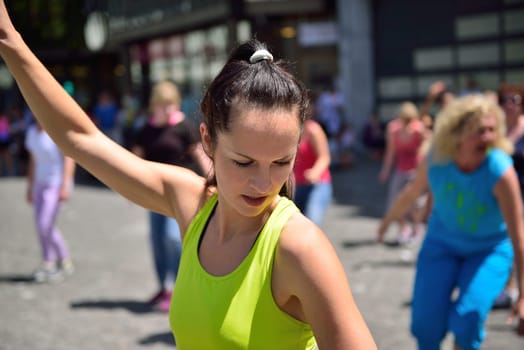 Flashmob on the street on a sunny day