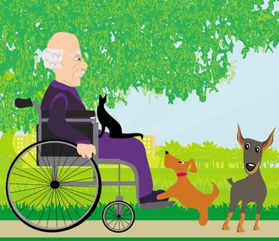 old man in a wheelchair and his pets