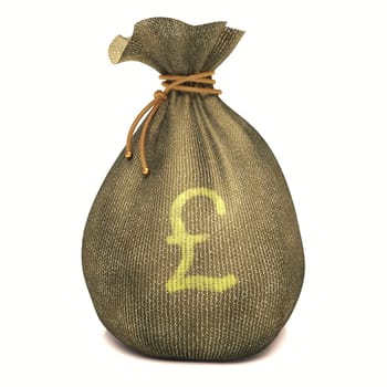 Bag full of money with sign of Pound Sterling. Clipping path included.