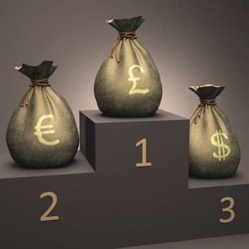 Sacks of money of different currencies on the podium appreciation.
