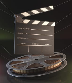 Clapperboard and roll of film in the retro concept cinema.