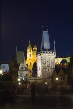 Charles Bridge and Mala Strana Tower at night (Prague, Czech Republic)