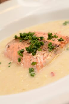 Wild salmon with creamy soup of savoy