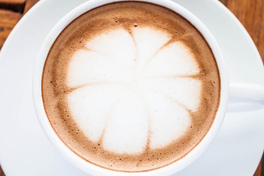 Close up hot cafe mocha in white cup