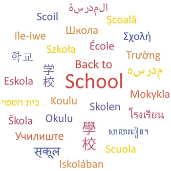 Back to school in different languages. Vector words cloud.