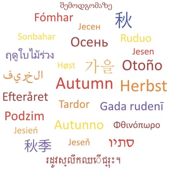 Autumn word in different languages. Vector words cloud concept.
