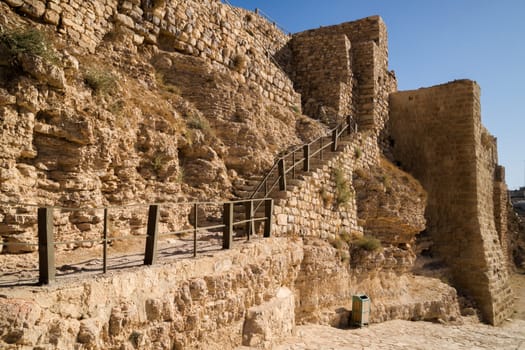 The impressive walls of the old crusaders castle of Karak in Jordan