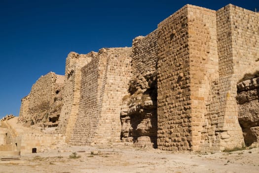 The impressive walls of the old crusaders castle of Karak in Jordan