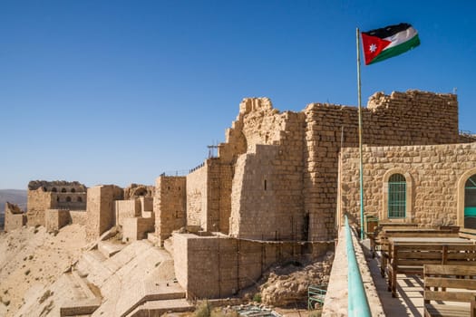 The impressive walls of the old crusaders castle of Karak in Jordan