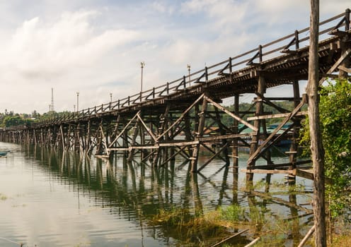 The 400 m long wooden Mon Bridge in Songkhla Buri in the western part of Thailand close to the burmese birder