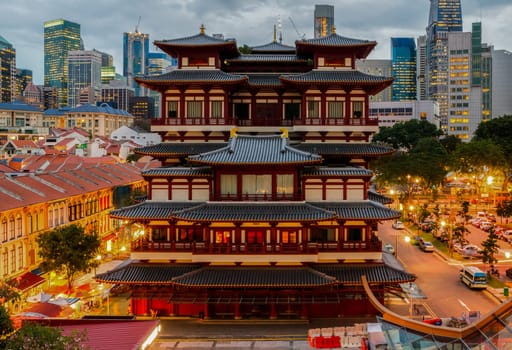 The Buddha Tooth Relic Temple in Singapore's Chinatown at sunset
