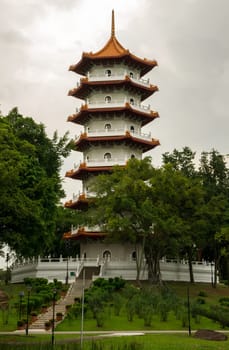 The pagoda in Singapore's Chinese Garden at a rainy day.