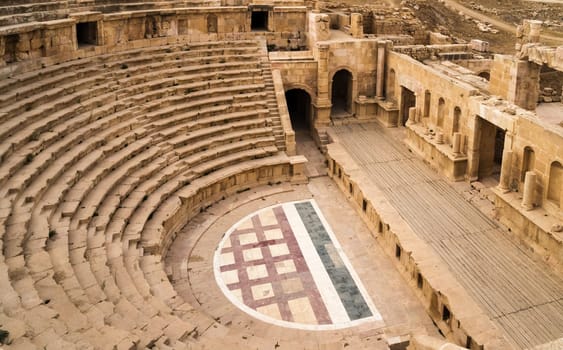 The remainings of an ancient amphitheater in the ruins of Roman Jerash in todays Jordan