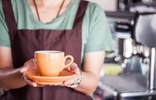 Barista presents freshly brewed coffee, stock photo