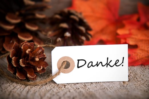 The German Word Danke, which means Thanks, on a Label as Fall Background