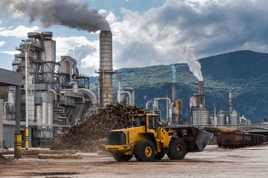 industrial scene, smoke and clouds, normal working day