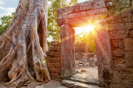 Ruins of Cambodian temple at sunset
