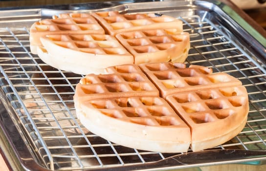 Freshly baked round waffles on the tray