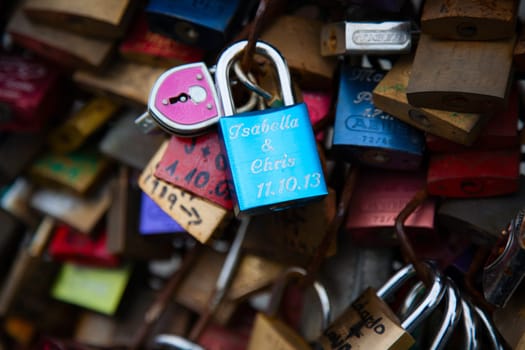 COLOGNE, GERMANY - MAY 29, 2014, Thousands of love locks which sweethearts lock to the Hohenzollern Bridge to symbolize their love on May 29 in Koln, Germany.