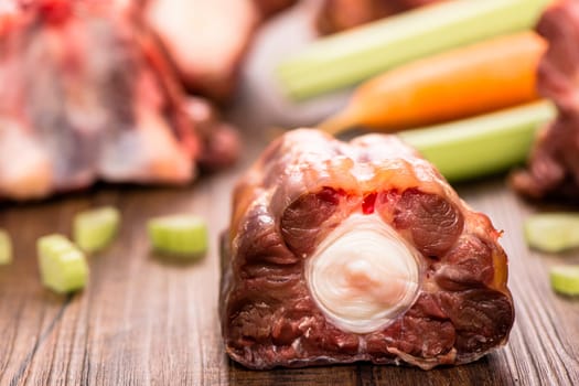 Close-up of a piece of meat from the oxtail raw