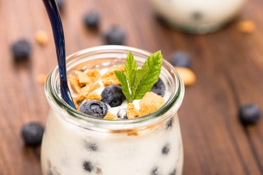 Fresh yoghurt with blueberries and mint