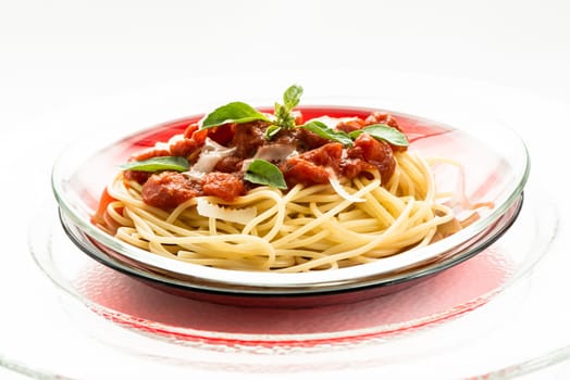 Spaghetti with tomato sauce,basil and parmesan