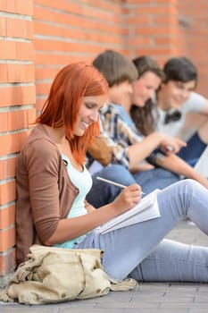 Studying girl writing notes friends sitting in row on ground