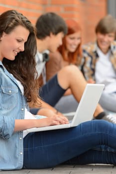 Young studying woman using laptop sitting on ground with friends
