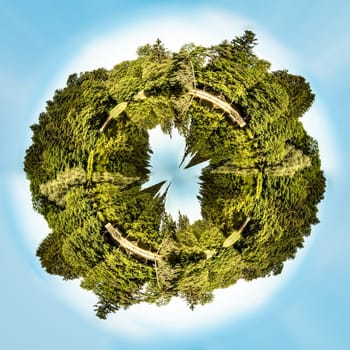 Mini planet with green trees and blue lake