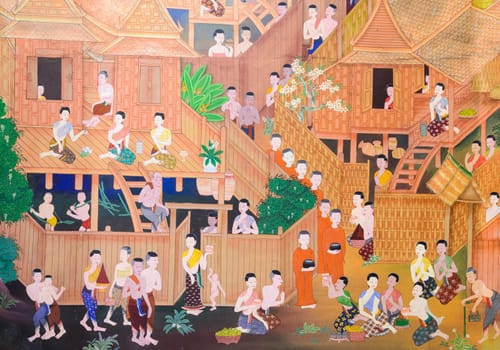 Thai mural painting of the offering food to Buddhist monks on temple wall