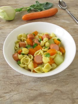 Noodle soup with sausages