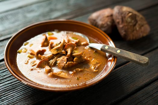 Fresh mushroom soup on wooden background close up