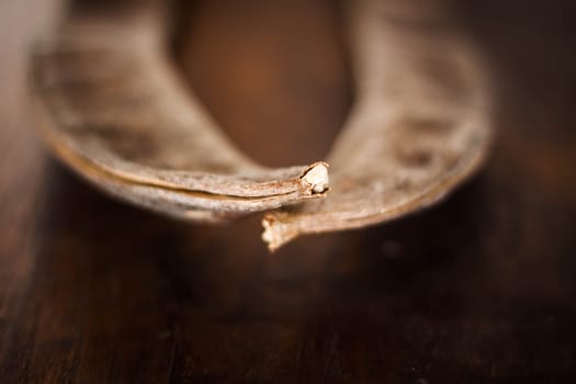 Dry pods with seeds on wood background
