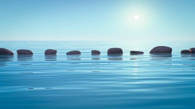 An image with some step stones in the ocean