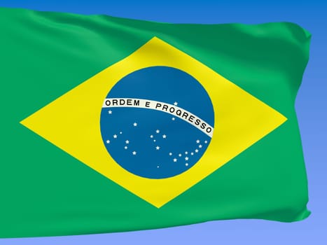 Brazil flag waving against a blue sky