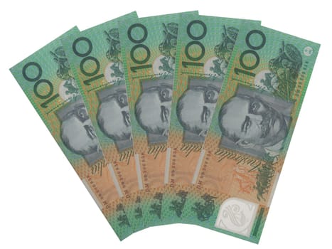 Group of five 100 Australian dollar notes over white background