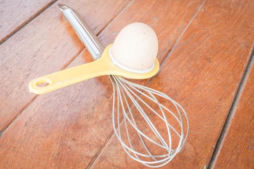 Bakery preparing with egg, yolk separator and hand mixer