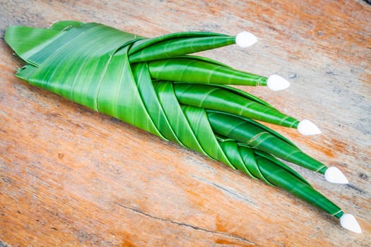 Handmade banana leaf rice offering prepare for worship