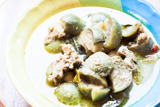 Top view of spicy green curry, thai traditional food
