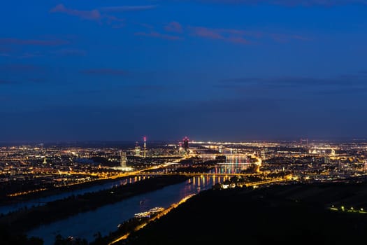 Vienna,panorama at night,city with lighting and blue sky