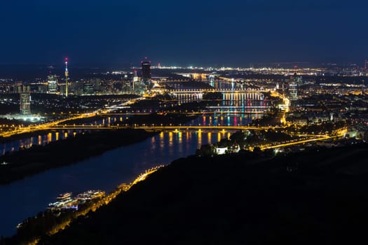 Vienna,panorama at night,city with lighting and blue sky
