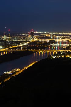 Vienna,panorama at night,city with lighting and blue sky