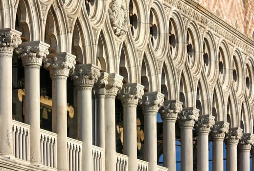 Close up view of the Doges Palace is a palace built in Venetian Gothic style. (Venice, Italy)